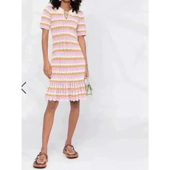 Sandro Multicoloured crochet polo mini dress 38 US 6 S M knit stripe Ethel multi - Picture 4 of 12